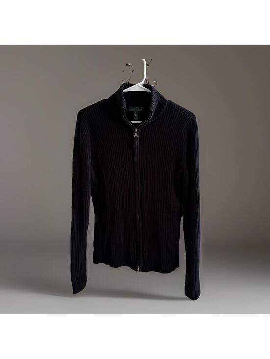 Sweaters - LRL Lauren Jeans Co Ribbed Full Zip Sweater Black Women’s Large 100% Cotton